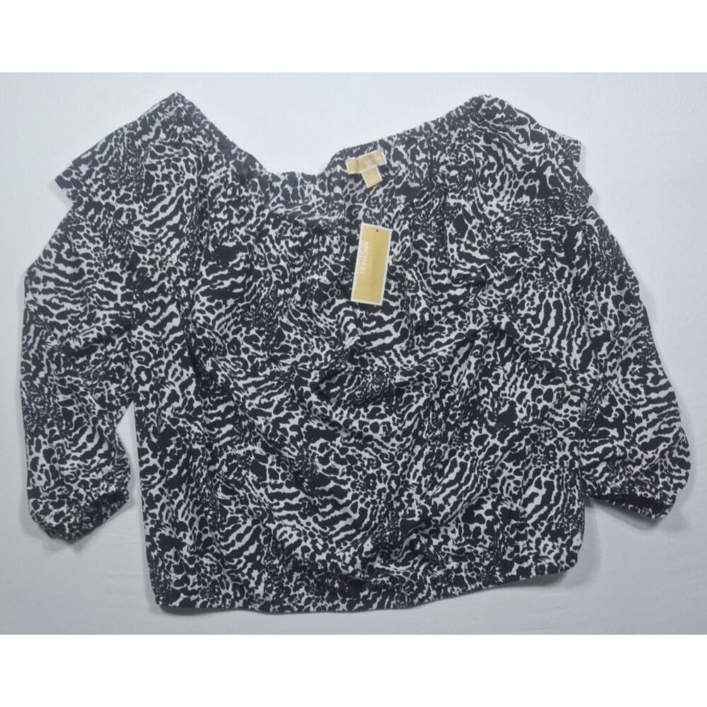Michael Kors Blouse 0X NWT Black White Animal Print Ruffle Boat Neck 3/4 Sleeve